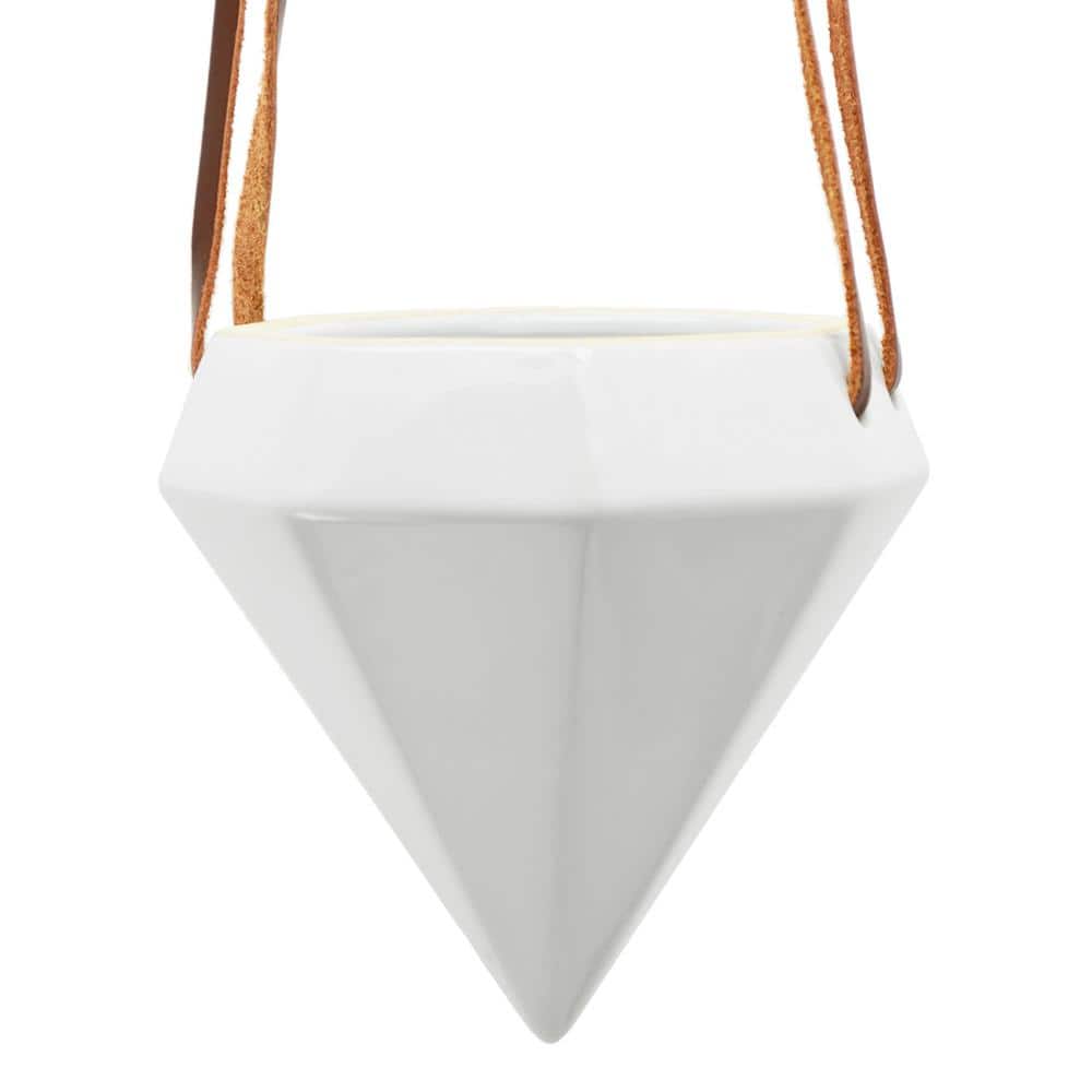 Gloss White Diamond Ceramic Hanging Planter with Leather Rope