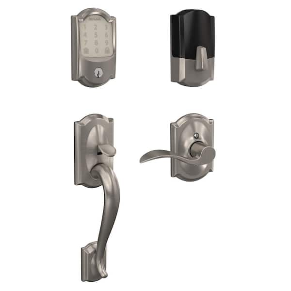 Schlage Camelot Satin Nickel Encode Smart Wi-Fi Deadbolt with Alarm and Camelot Handle Set with Accent Handle with Camelot Trim