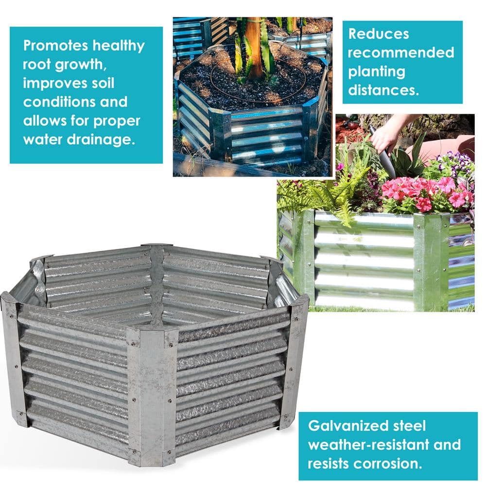 40" Hexagon Silver Galvanized Steel Raised Garden Bed