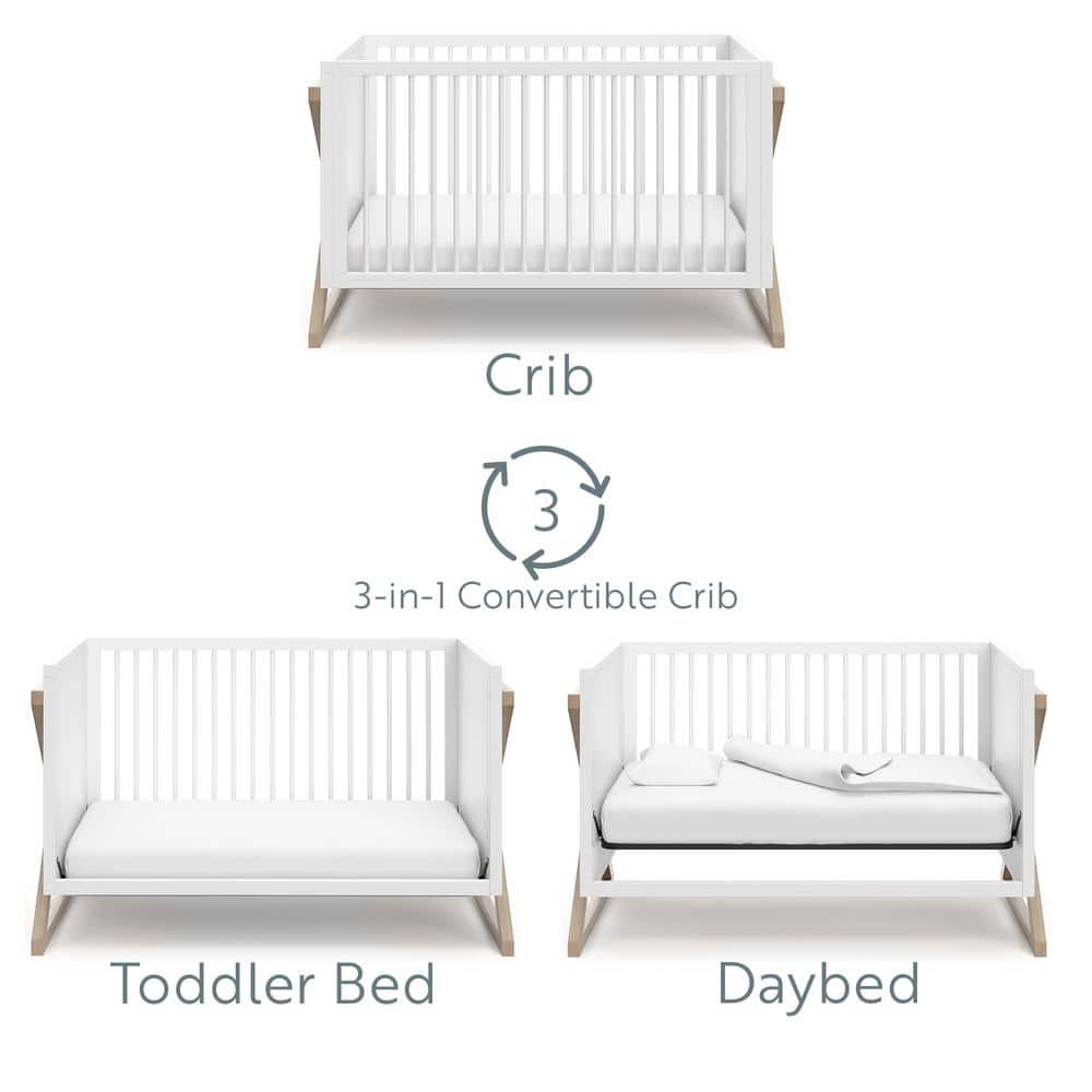 White and Driftwood 3-in-1 Convertible Baby Crib with Adjustable Mattress Support