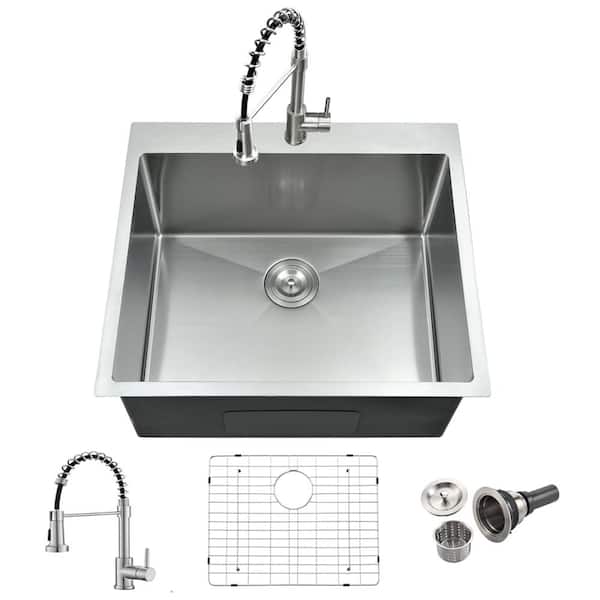 25 in. Drop-In Single Bowl 16-Gauge T304 Stainless Steel Laundry and Utility Sink with Brushed Nickel Faucet