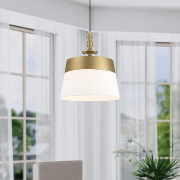 Designers Fountain Ava 60-Watt 1-Light Brushed Gold Transitional Pendant Light with White Fabric Shade and No Bulbs Included