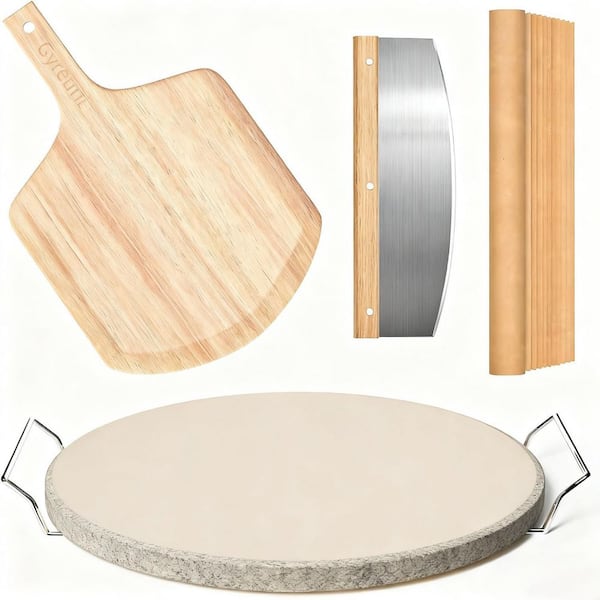 13 in. 5-Piece Pizza Stone Set with Peel, Rack, Cutter Baking Papers for Oven and Grill