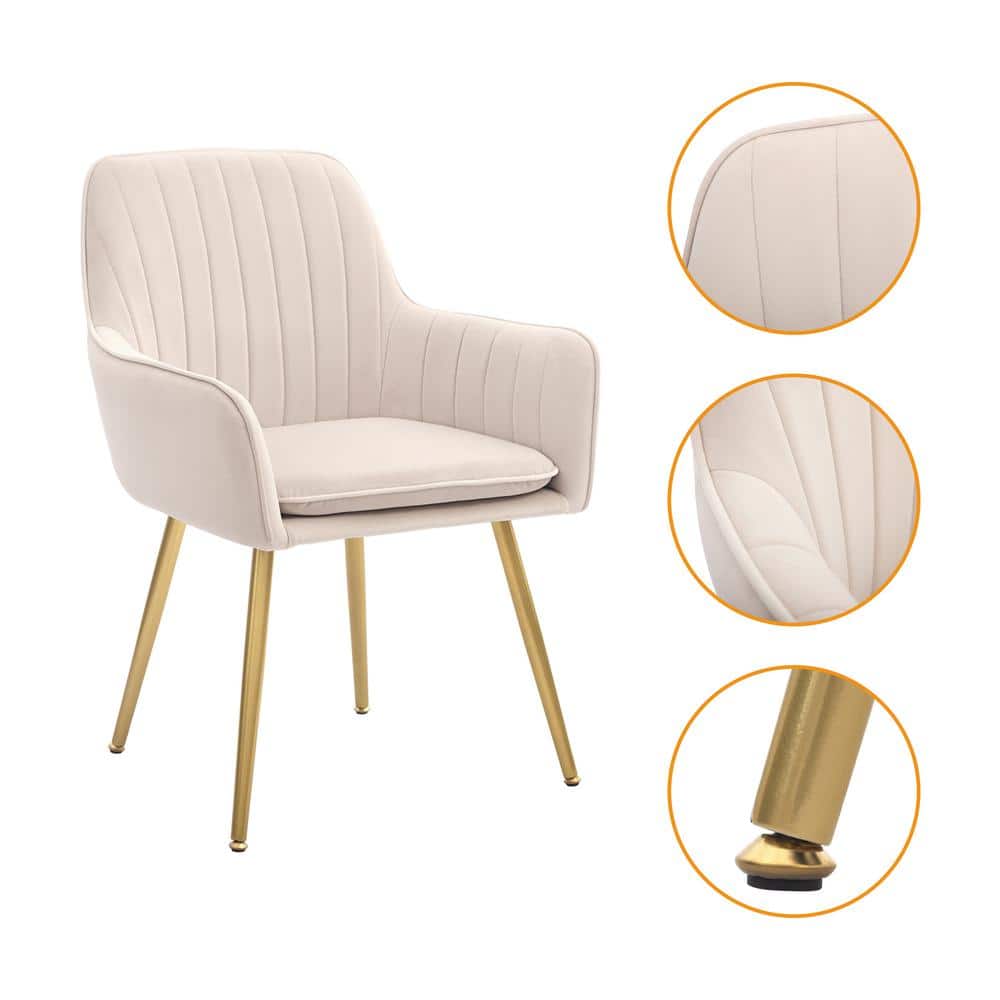 Beige Velvet Upholstered Arm Chairs with Metal Legs, Set of 2