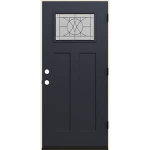 36 in. x 80 in. Left-Hand 1/4 Lite Craftsman Tryon Decorative Glass Black Fiberglass Prehung Front Door