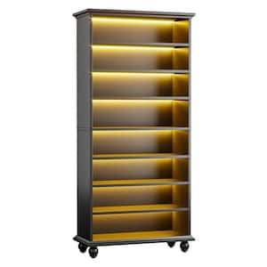 Eulas 69 in. Tall Black Wood 8 Tier Standard Bookcase with LED Lighting and Wheels, Open Display Bookshelf