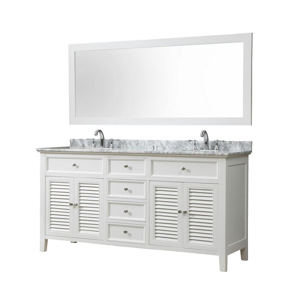 Shutter 70 in. Bath Vanity in White with White Carrara Marble Vanity Top with White Basins and 1 Large Mirror -  Direct vanity sink, 6070D12-WWC-M