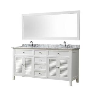 Shutter 70 in. Bath Vanity in White with White Carrara Marble Vanity Top with White Basins and 1 Large Mirror