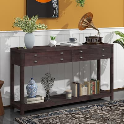Retro Style 58 in. Espresso Rectangle Wood Console Table with 2-Big Top Drawers and Open Style Shelf
