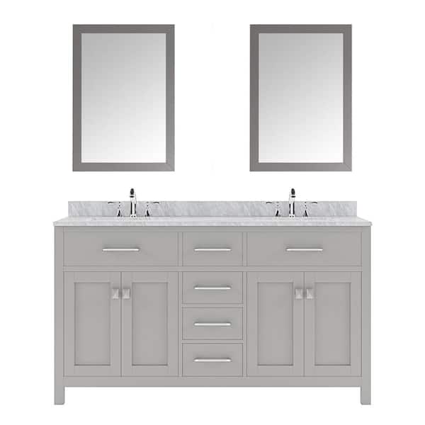 Virtu USA Caroline 60 in. W Bath Vanity in Gray with Marble Vanity Top in White with Square Basin and Mirror