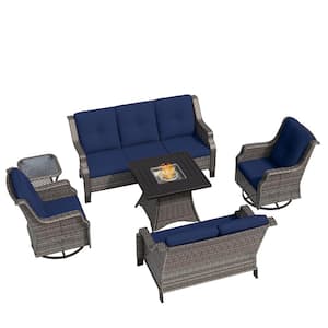 6-Piece Wicker Outdoor Patio Fire Pit Seating Sofa Conversation Set with Swivel Rocking Chairs and Blue Cushions