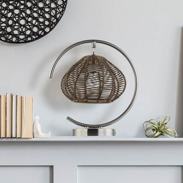 River of Goods Caine 13.75 in. Brushed Nickel-Colored Table Lamp with Round Tan Rattan Shade