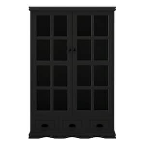 40.16 in. W x 14 in. D x 60 in. H Black Linen Cabinet with Tempered Glass Doors Curio Cabinet and Triple Drawers