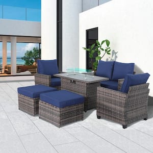 6-Piece Outdoor Wicker Patio Furniture Set with Firepit and Blue Cushions