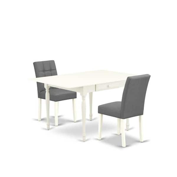 East West Furniture 3-Piece Linen White Finish Rectangular Solid Wood Top with Dropleaf Dining Table Set