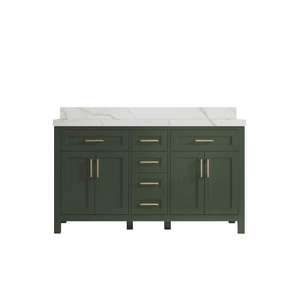 Willow Collections Cambridge 60 in. W x 22 in. D x 36 in. H Double Sink Bath Vanity in Pewter Green with 2 in Calacatta Quartz Top