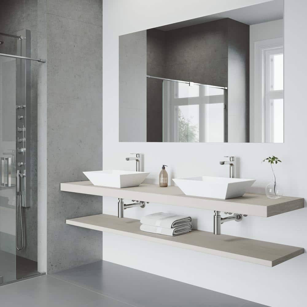 White Matte Stone Rectangular Vessel Sink with Brushed Nickel Faucet