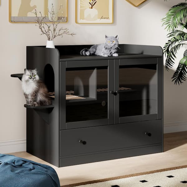 FUFU&GAGA Extra Large Cat Litter Box Furniture Hidden, Cat Condo Pet House with Stairs, Cat Litter House for Living Room, Black