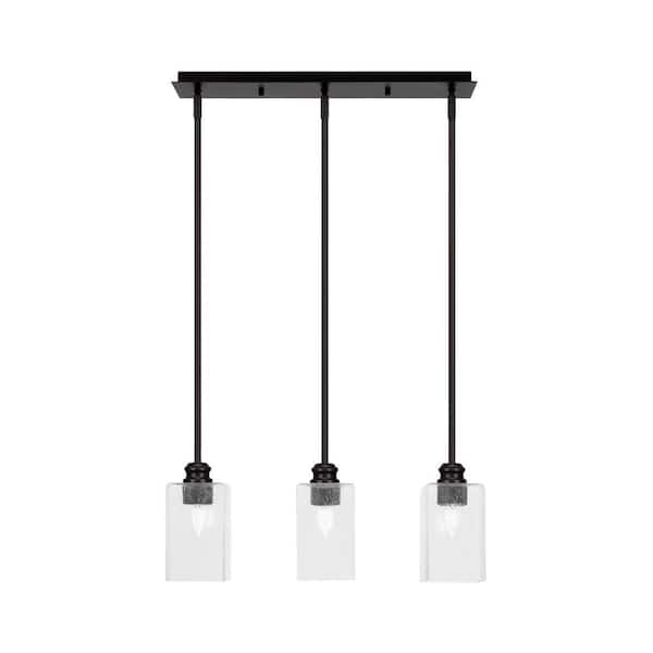 Unbranded Albany 60-Watt 3-Light Espresso Linear Pendant Light with Square Clear Bubble Glass Shades and No Bulbs Included