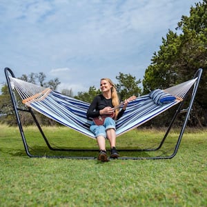 10 ft. Portable Hammock with Stand, 2-Person Hammock with Strong Spreader Bar, 475 lbs. Capacity, Blue Stripes