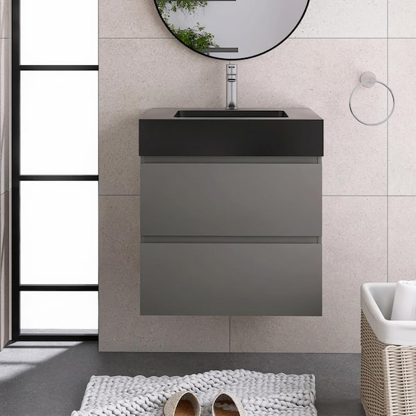 Staykiwi 24 in. W x 18 in. D x 25.2 in. H Single Sink Wall-Mounted Bath Vanity in Gray with Black Solid Surface Top