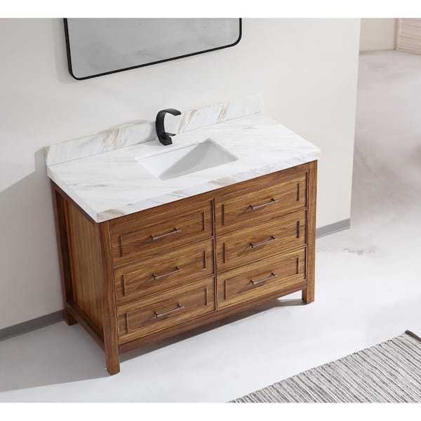 Luxury Ebony Series 48 in. 1 Freestanding Light Brown Finish Bath Vanity with 2 in. White Natural Marble Top Assembled