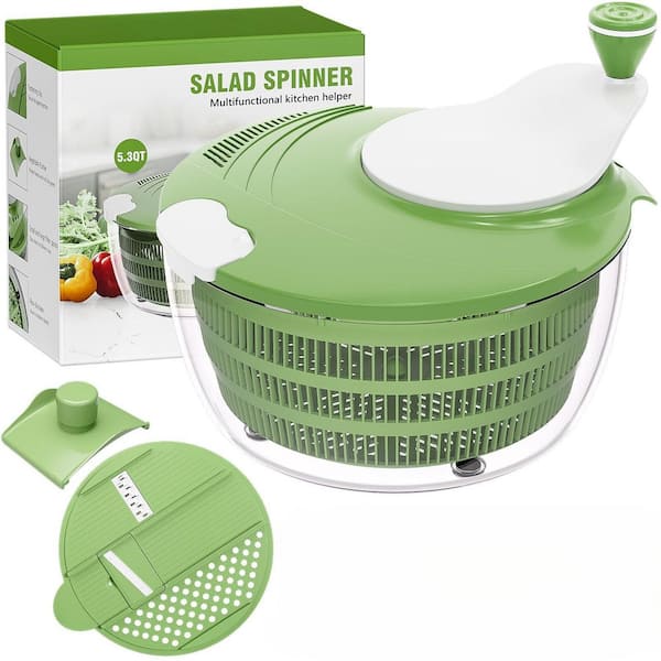 3-in-1 Salad Spinner with 4 Blades (Shred/Slice/Puree), Washer, Dryer and Strainer, 5.3 qt. Non-slip Green
