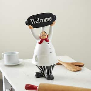 White 6 in. x 13 in. Polystone Kitchen Decorative Figurine Chef Sculpture with Welcome Sign