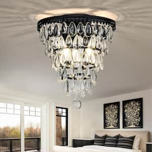 12 in. 3-Lights Antique Black LED Glam Flush Mount Ceiling Light with Teardrop Glass