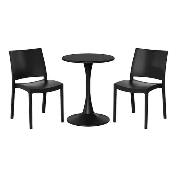 Frond and Form Outdoor Patio Modern 3-Piece Round HDPE Plastic Bistro Dining Set with Stackable Chairs, Black