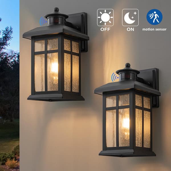 Black Motion Sensing Dusk to Dawn Outdoor Hardwired Wall Lantern Sconce with No Bulbs Included