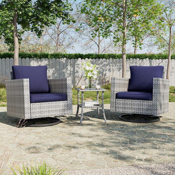 JOYESERY 3-Piece Gray Wicker Patio Bistro Set Swivel Rocking Chairs with Side Table, Navy Blue