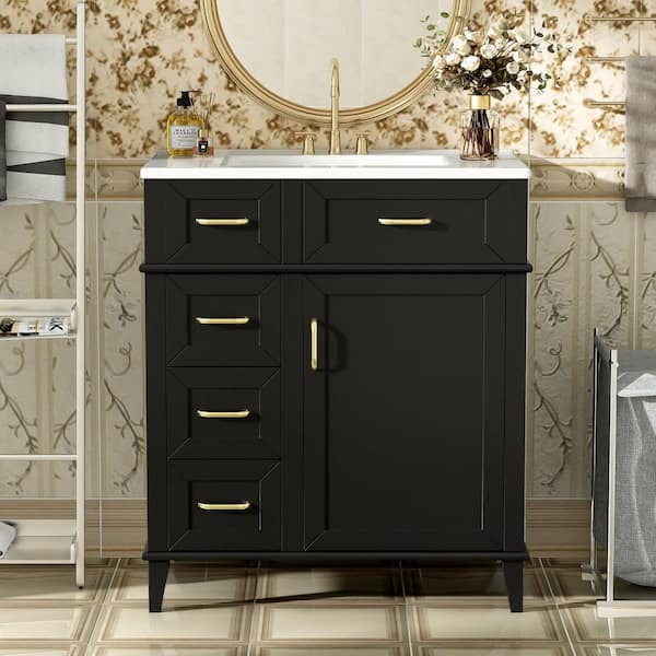 30 in. Single Sink Classic Black Cabinet Bath Vanity with White Ceramic Top, Soft Close Door and Drawers