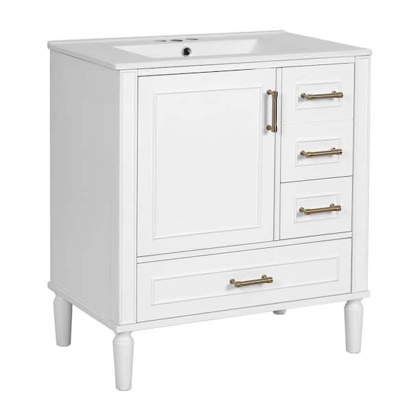 30 in. 1-Sink Free-Standing White Bath Vanity with White Ceramic Top and Soft-Close Door, Built-in Shelf, Drawer