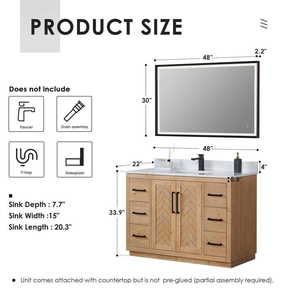 Anais 48" Light Brown Wood Vanity with White Stone Top and Mirror