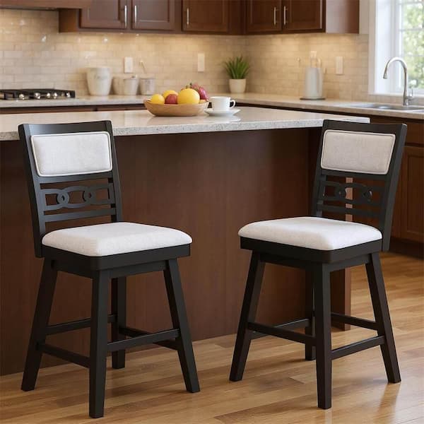 42 in. H Black Wood Low Back Wod Swivel Counter Height Bar Stool with Fabric Set of 2 with Upholstered Hollow Backrest