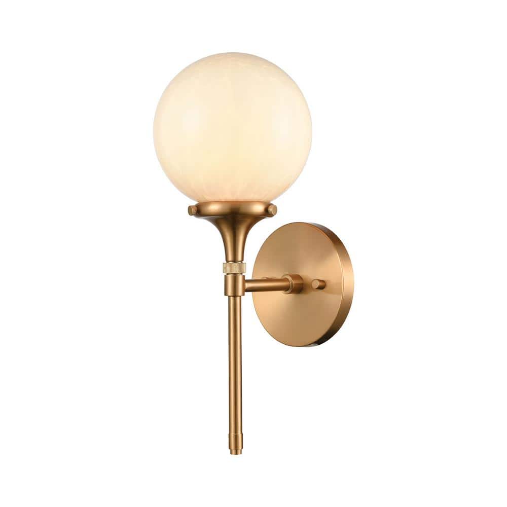 Satin Brass Globe Sconce with Feathered Glass Shade