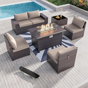 7-Piece Wicker Patio Conversation Set with 55000 BTU Gas Fire Pit Table and Glass Coffee Table and Sand Cushions