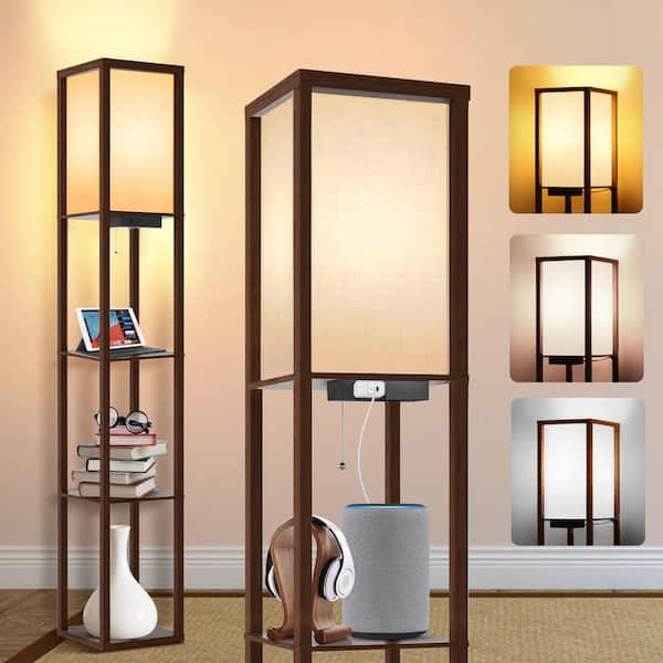 63.7 in. Walnut Dimmable Column Floor Lamp with Display Shelves Remote Control, 1 USB and 1 Type C Ports, 1 Power Outlet