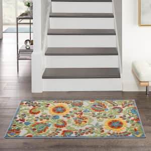 Aloha Ivory/Multicolor 3 ft. x 4 ft. Floral Contemporary Indoor/Outdoor Patio Kitchen Area Rug