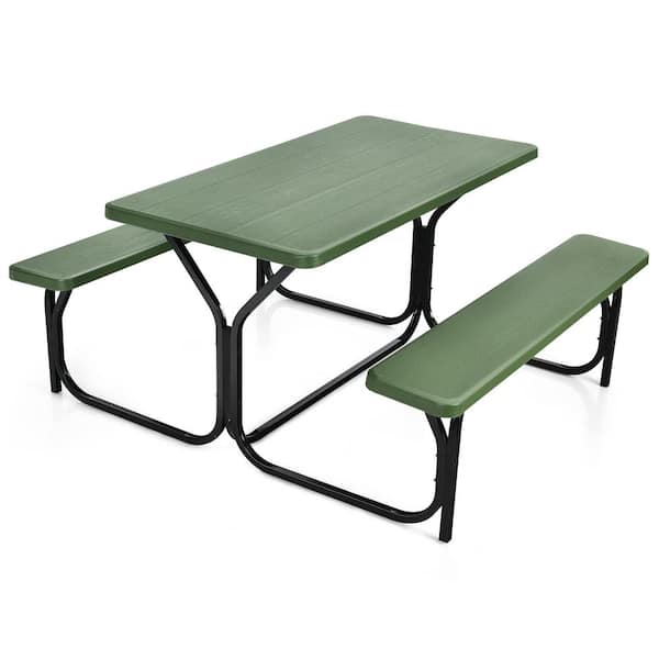 Gymax 59 in. Green Rectangle Stainless Iron Picnic Table Seats 4-People Camping Picnic Bench Set