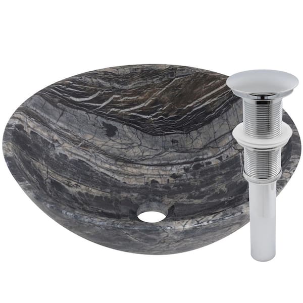 Novatto Stone Vessel Sink in Black Lunar Marble with Umbrella Drain in Chrome