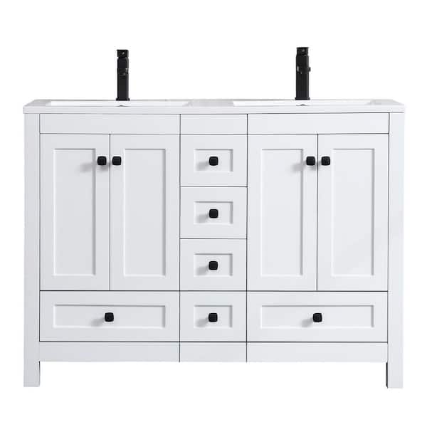 48 in. W. x 18 in. D x 34 in. H Double Sink Bath Vanity in White with White Resin Top and Drain Faucet Set