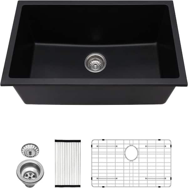 31 in. Undermount Single Bowl Granite Composite Quartz Kitchen Sink in Black with Accessories, 10 in. Deep