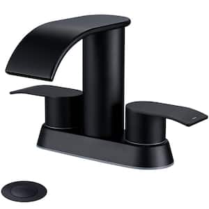 4 in. Centerset Double-Handle Waterfall Spout Bathroom Vessel Sink Faucet with Pop Up Drain Kit in Matte Black
