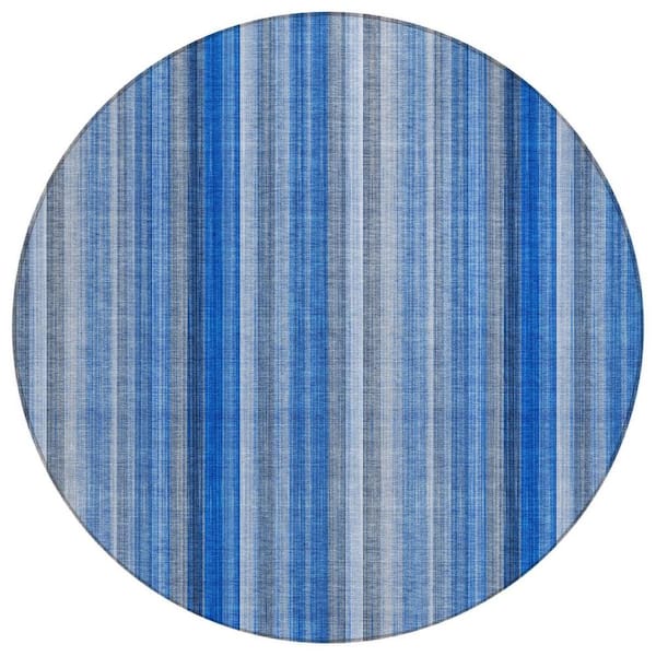 Blue 8 ft. Round Woven Striped Round Indoor/Outdoor Area Rug