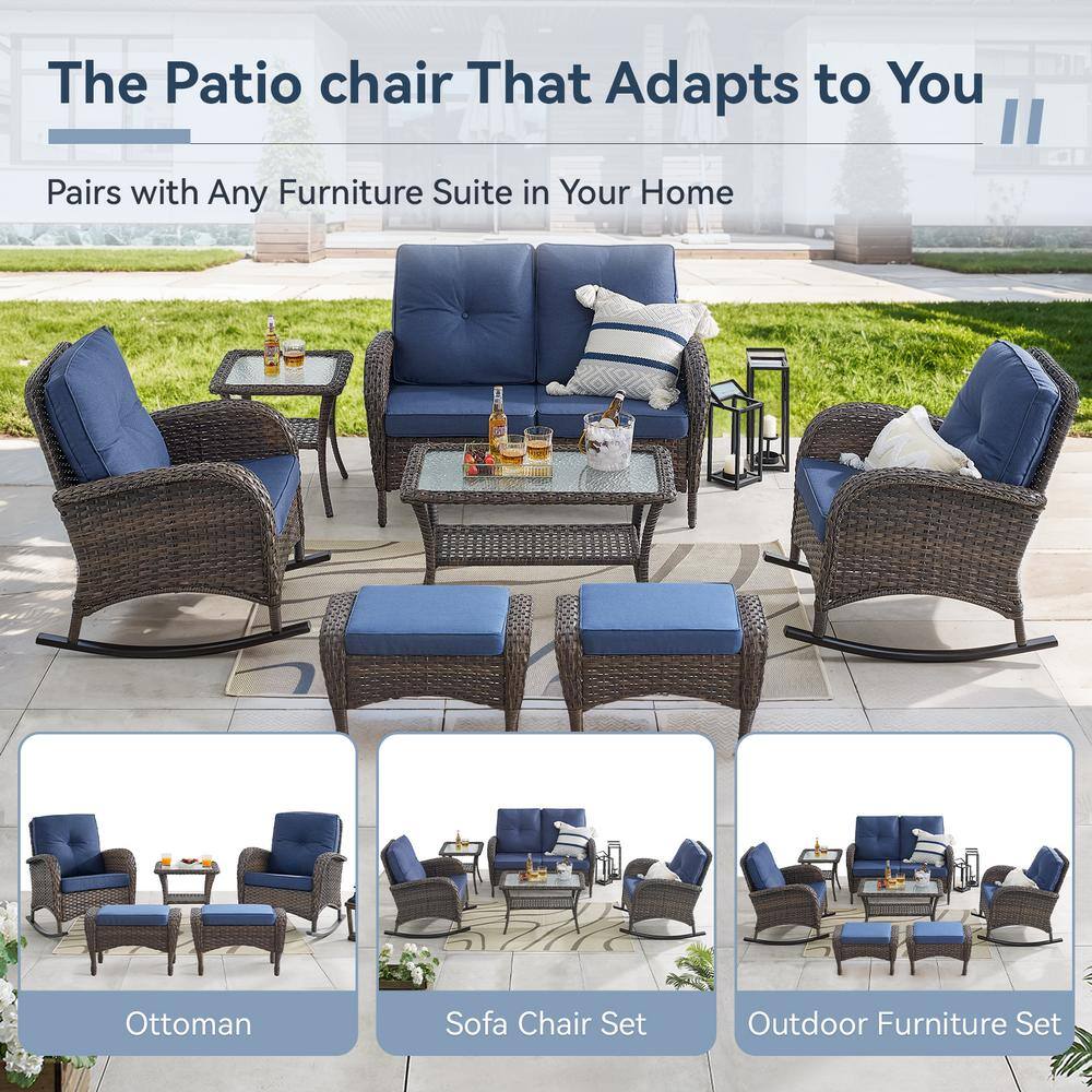 Brown Steel Wicker Rocking Chair with Blue Cushions