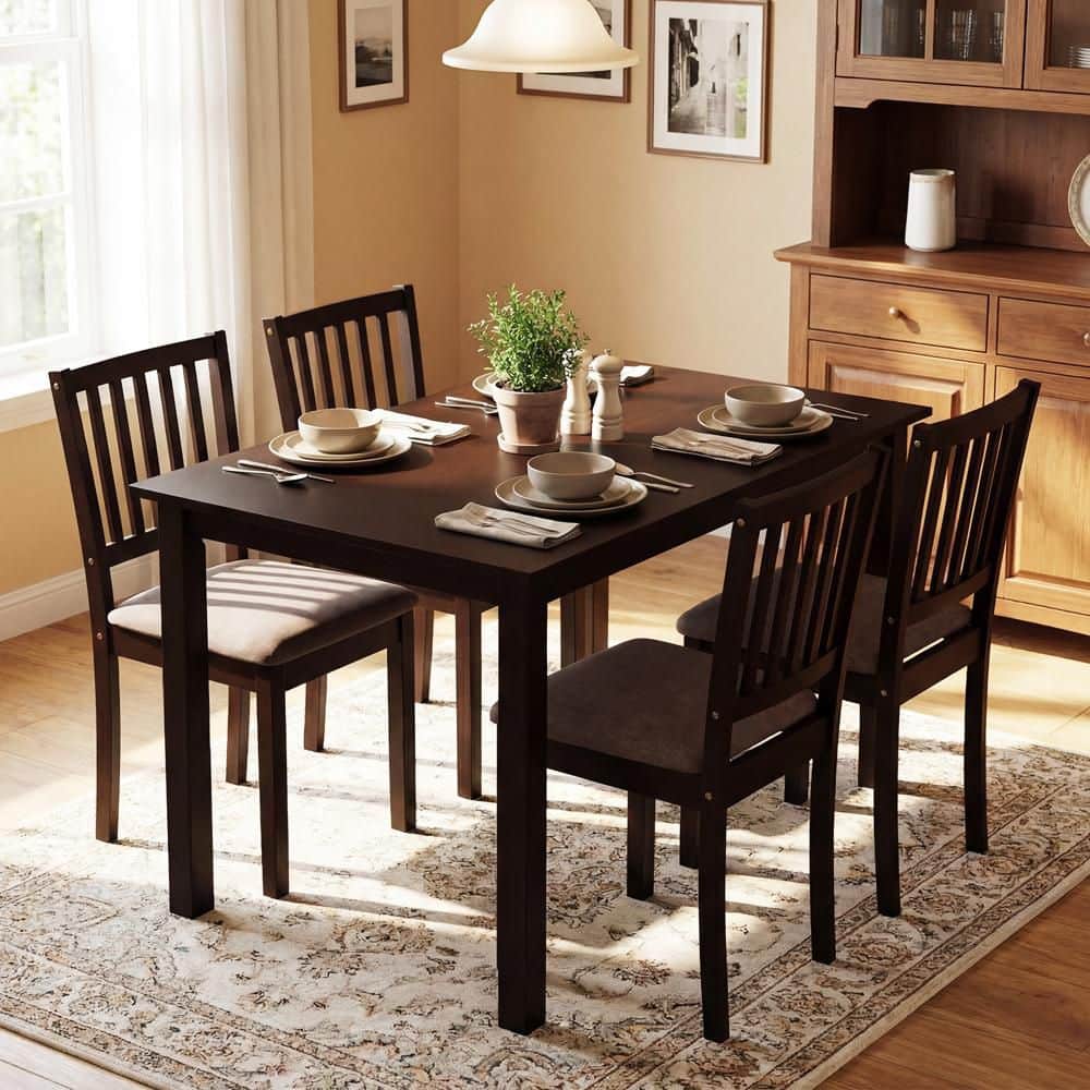 5-Piece Dining Table Set Rectangular Kitchen Table w/ Upholstered Chairs