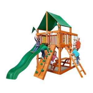 Chateau Tower Playset with Green Vinyl Canopy, Wave Slide, Rock Wall, Picnic Table, and Playset Accessories