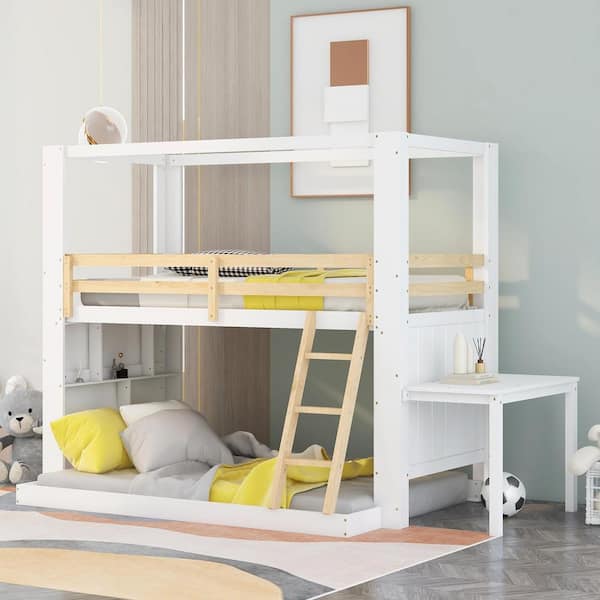 Natural Twin Over Full Bunk Bed, Solid Wood Bunk Bed With Desk And Drawers